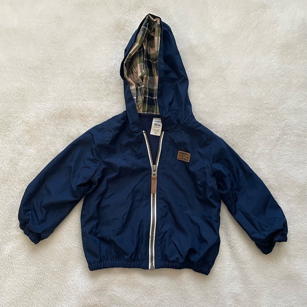 Carter's Navy Blue Jacket with Pink and Green Plaid Lining 18 months